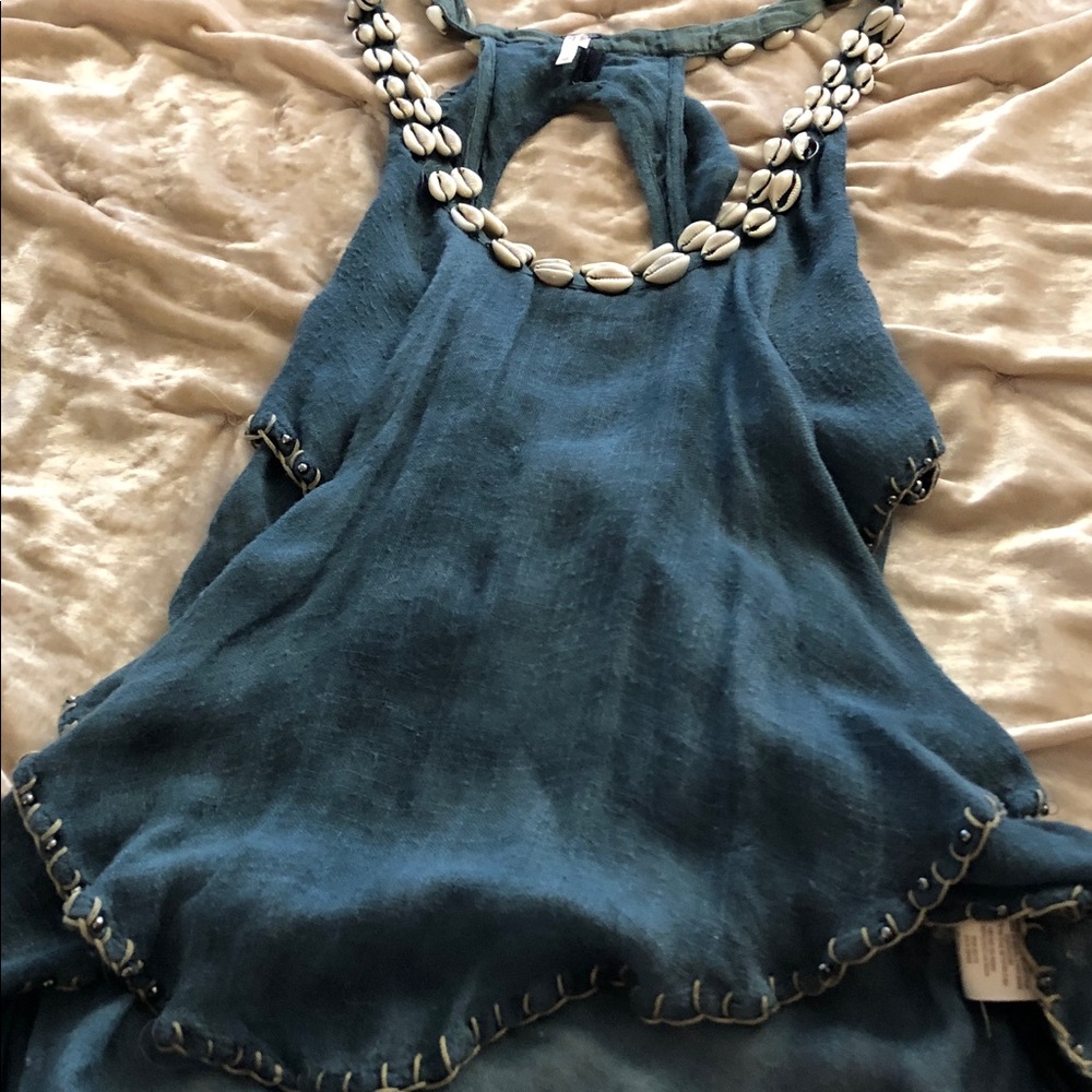 Free People Vintage Seashell Embellished Linen Tank Cami Razor Back Top Size XS - Picture 3 of 7